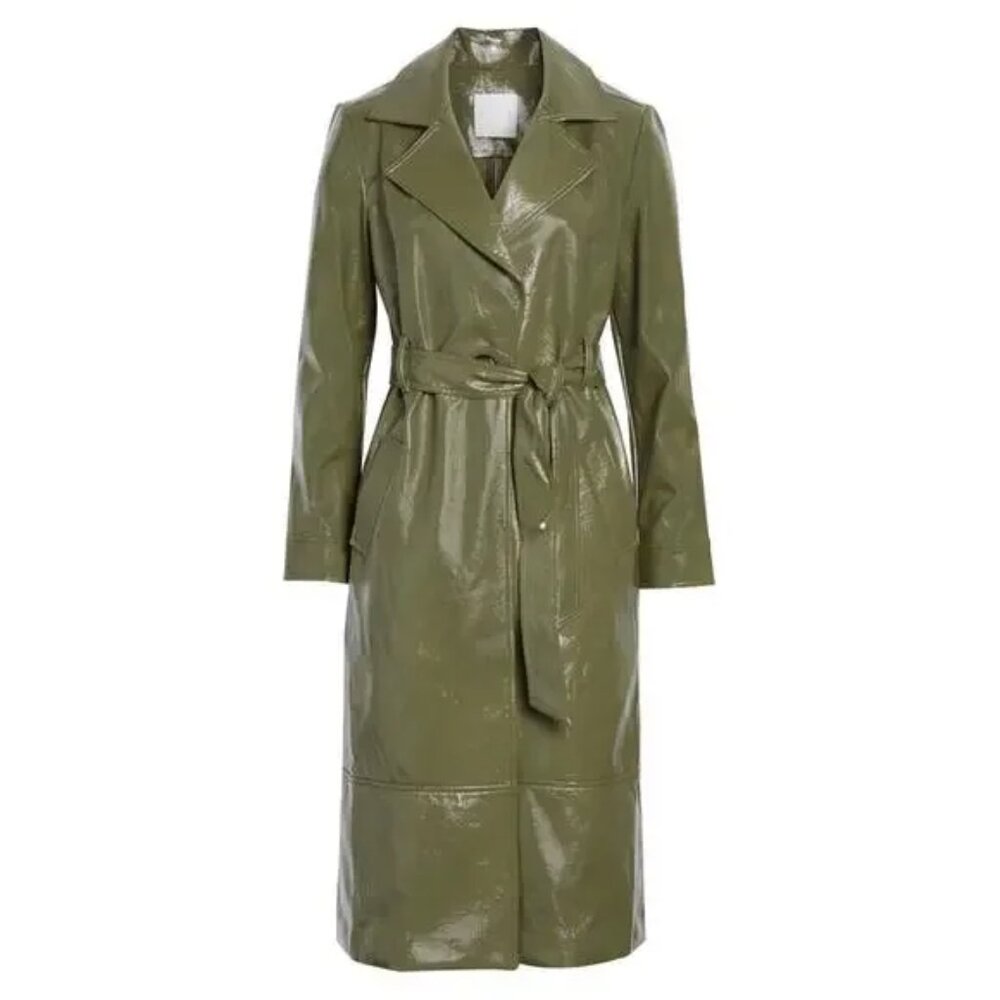 NWOT Leith Faux Patent Leather Trench Coat Green Moss Vegan Olive Retro Pleather
